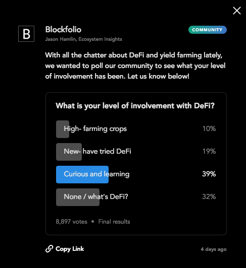 Blockfolio.com DeFi and Yield farming poll in August 2020.